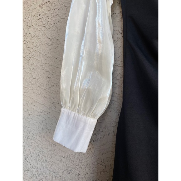 J.ING Black & White Shiny Iridescent Ivory Long Sleeve Ruched Dress Mini Dress M - Picture 13 of 17